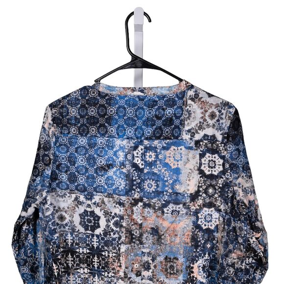 Soft Surroundings Women's Shirt Button Up Blue Brown Geometric Blouse Top Size L - Picture 7 of 9